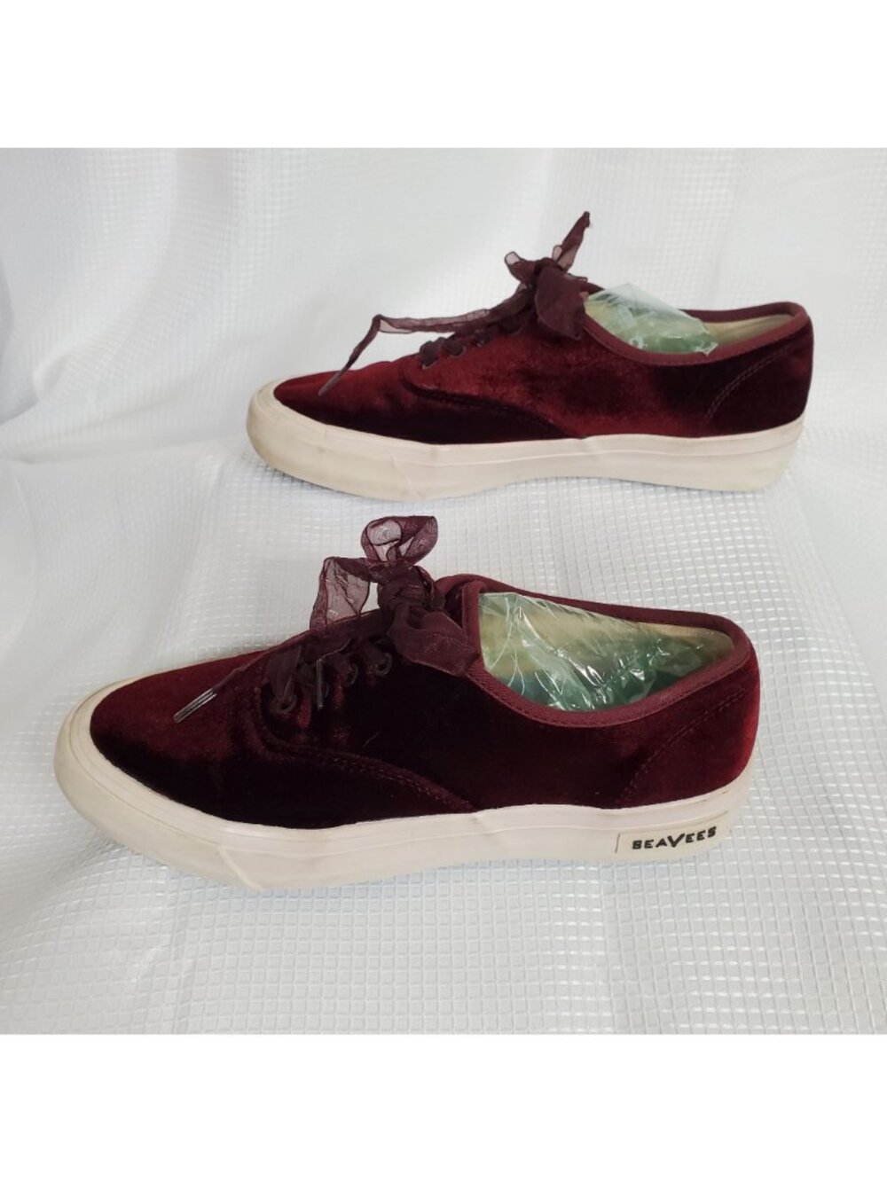 J.Crew SeaVees Womens Sz 8.5 Sneakers Legend Burgundy Velvet Sheer Ribbon Laces - Picture 4 of 9
